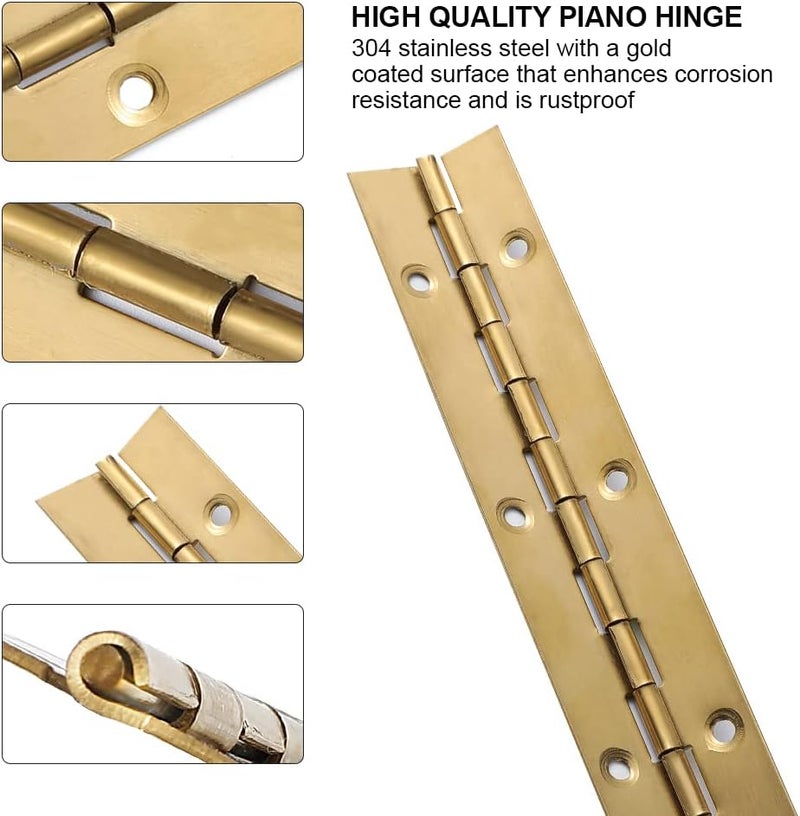FVSEC 16 Inch Gold Stainless Steel Piano Hinges, 4 Pcs Continuous & Piano Hinge with Holes, Heavy Duty Piano Hinge 0.04" Leaf Thickness, 1.2'' Open Width for Furniture Cabinet Door Wooden Box Woodworking - Image 4